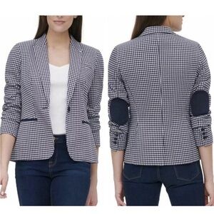Tommy Hilfiger Gingham Checkered Blazer Jacket 14 Navy Blue White Elbow Patch